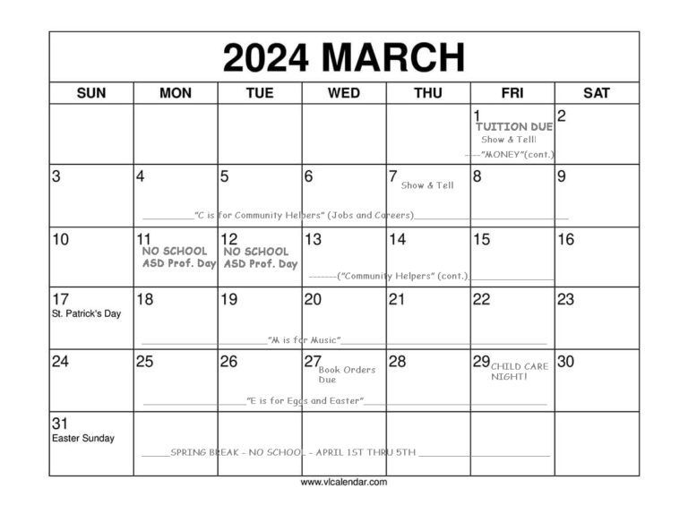 Wonder Years Academy | March 2024 Calendar Printable with Holidays